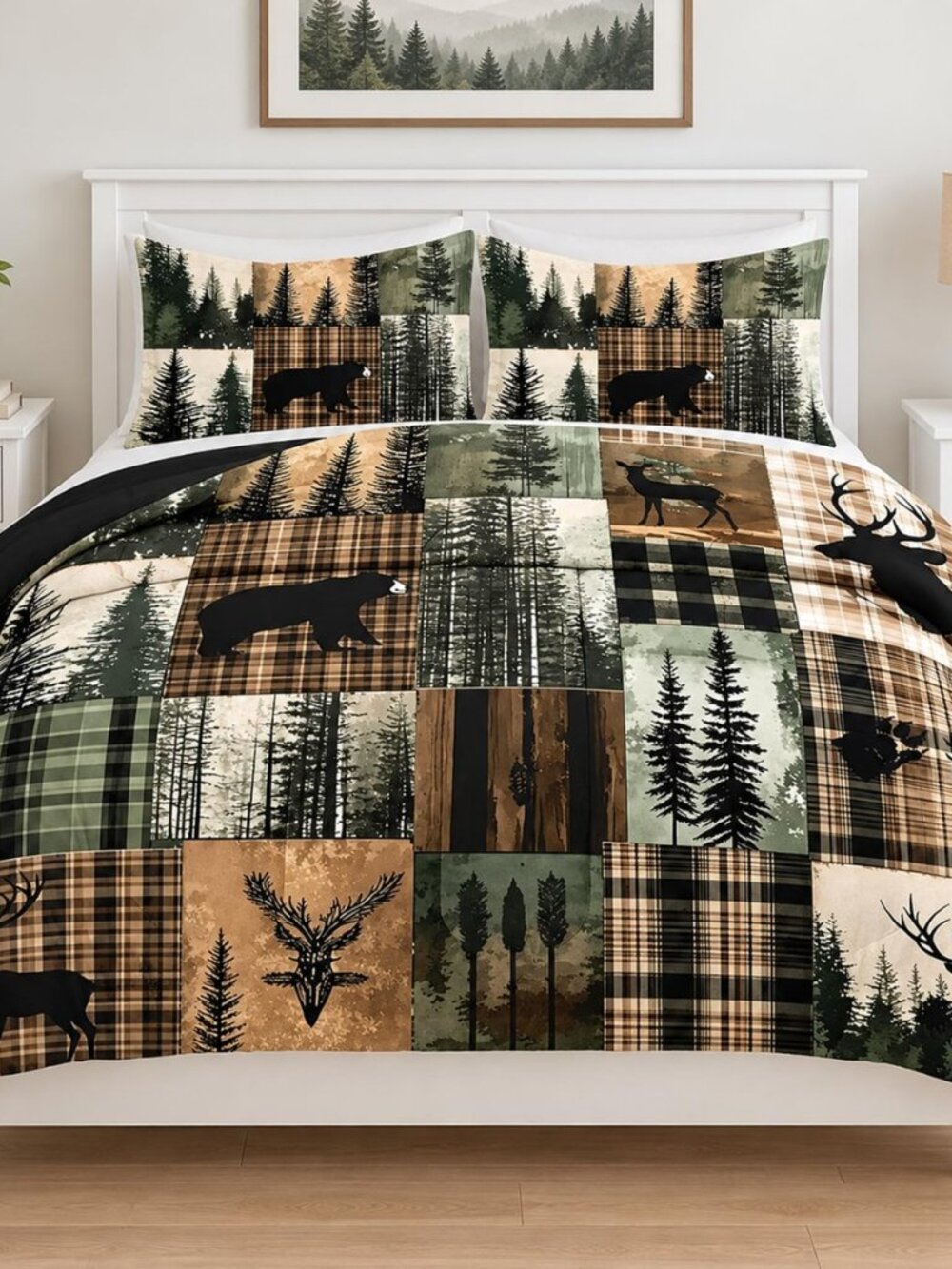 Twin Comforter Set Deer Bear Forest Plaid Rustic Cabin Bedding